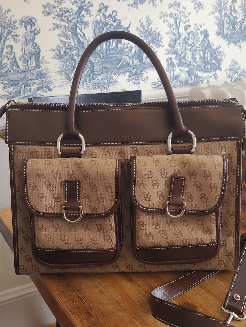 Dooney & Bourke Tan and Brown Logo Satchel With Genuine Leather Trim Y2K